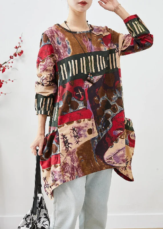 Exclusive Online Sale Red Painting Cotton Mid Dress Oversized Pockets Fall