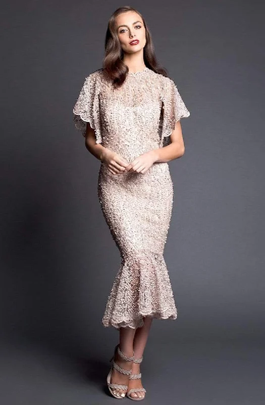 Early Bird Offer Nicole Bakti - 663 Scalloped Flutter Sleeve Beaded Mermaid Dress