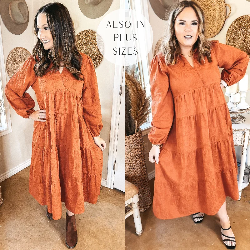 Seasonal Women's Fashion Trends Sweet Glances Long Sleeve Tiered Midi Dress in Rust Orange