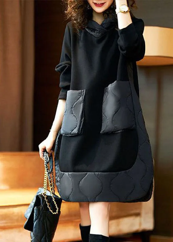 The Epitome Of Modern Women's Fashion Style Black Hooded Pockets Patchwork Cotton Dresses Spring