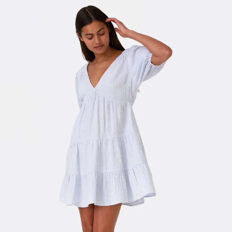 Trend Setting Threads Cotton Puff Sleeve V Neck Tiered Mini Dress (Dusty Blue)