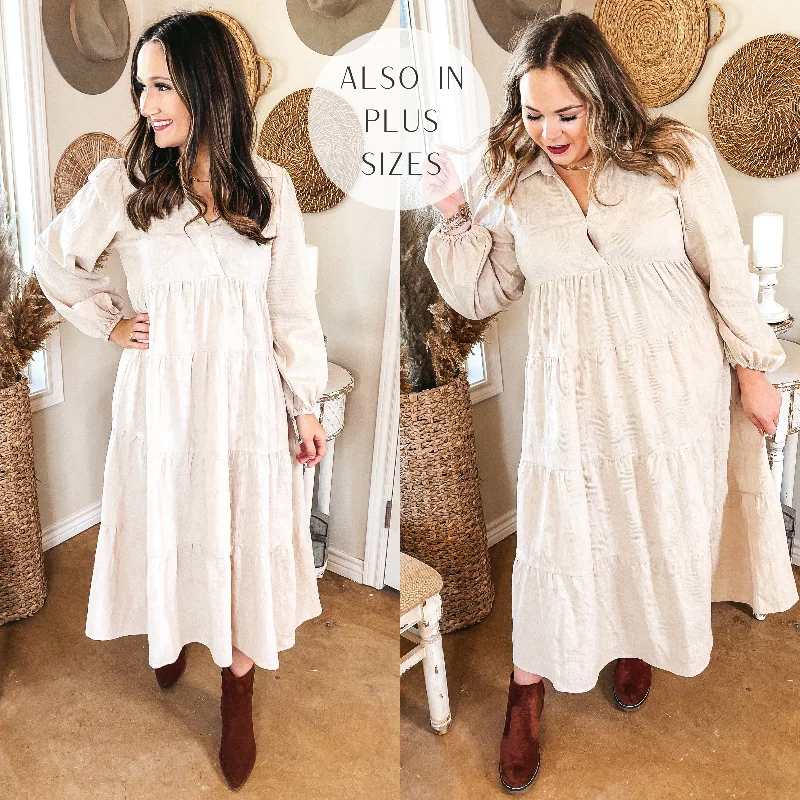 Trendy Casual Outfits Sweet Glances Long Sleeve Tiered Midi Dress in Stone