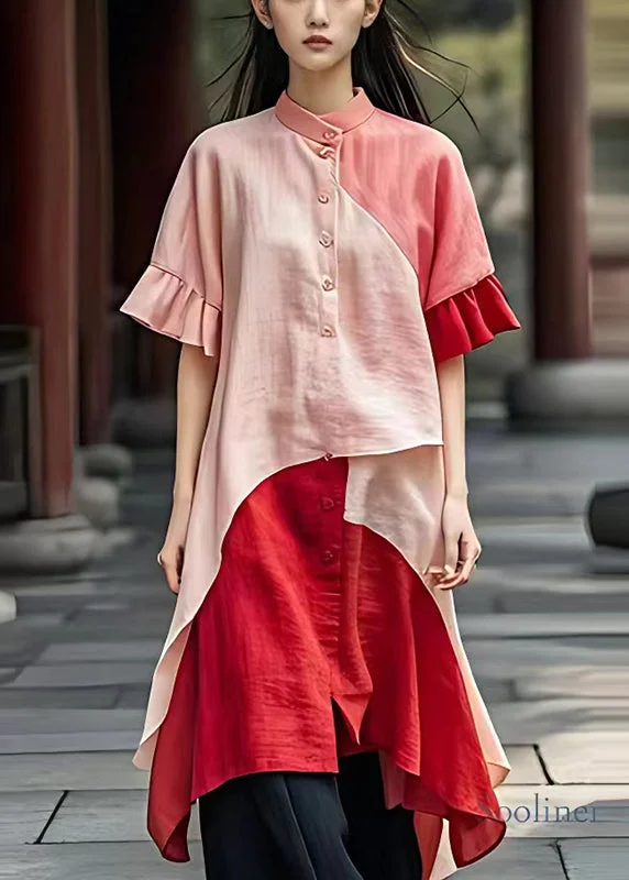 Casual Fashion Trends for Women Art Pink Asymmetrical Patchwork Linen Shirt Dress Summer