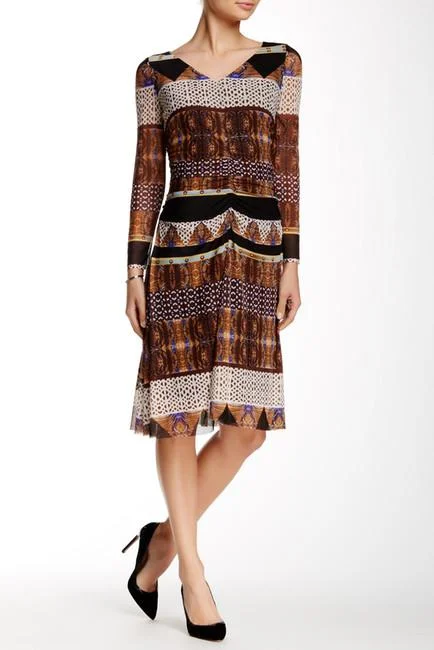 Colorful Clothing Nine West - 10571282-X51 Printed Ruched Long Sleeves Dress