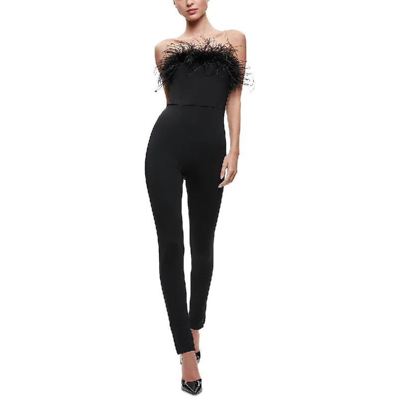 Clothing Online Alice and Olivia Womens Feathered Trim Off-Shoulder Jumpsuit