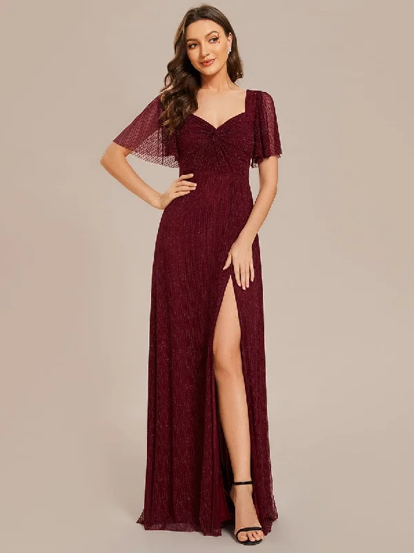 Latest Fashion Glittery A-Line High Slit Elastic Waist Short Sleeves Back Lace-Up Bridesmaid Dress