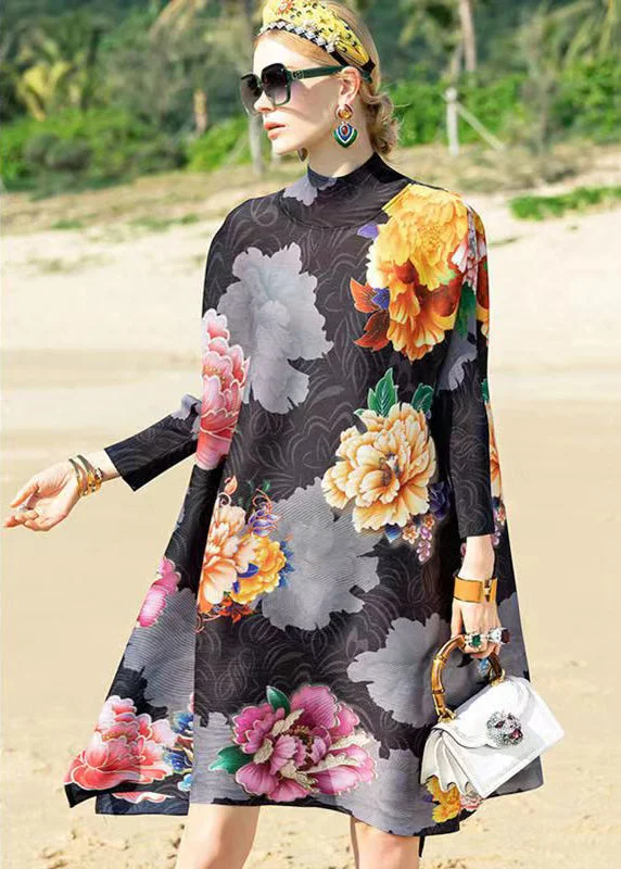 Eclectic Fashion Classy Black Hign Neck Print Patchwork Cotton A Line Dress Fall