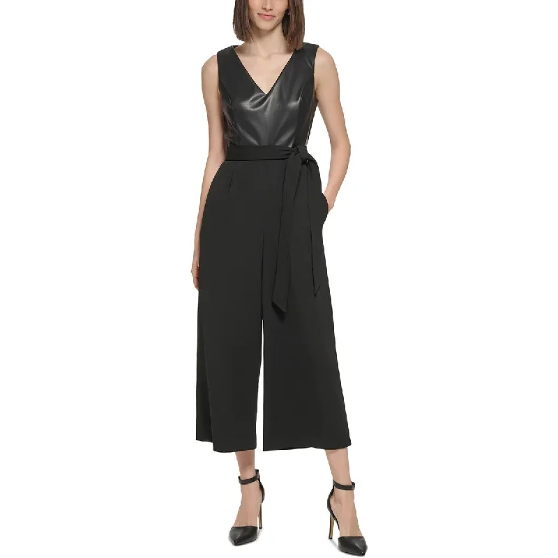 Affordable Women's Clothing Sale Online Calvin Klein Womens Mixed Media Faux Leather Jumpsuit