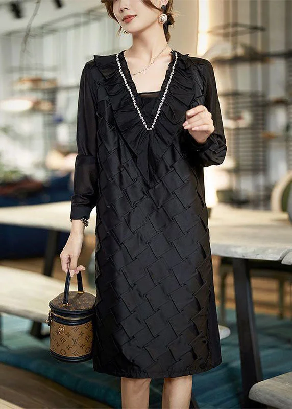 Style Revolution Handmade Black Ruffled Zircon Patchwork Cotton Mid Dress Spring