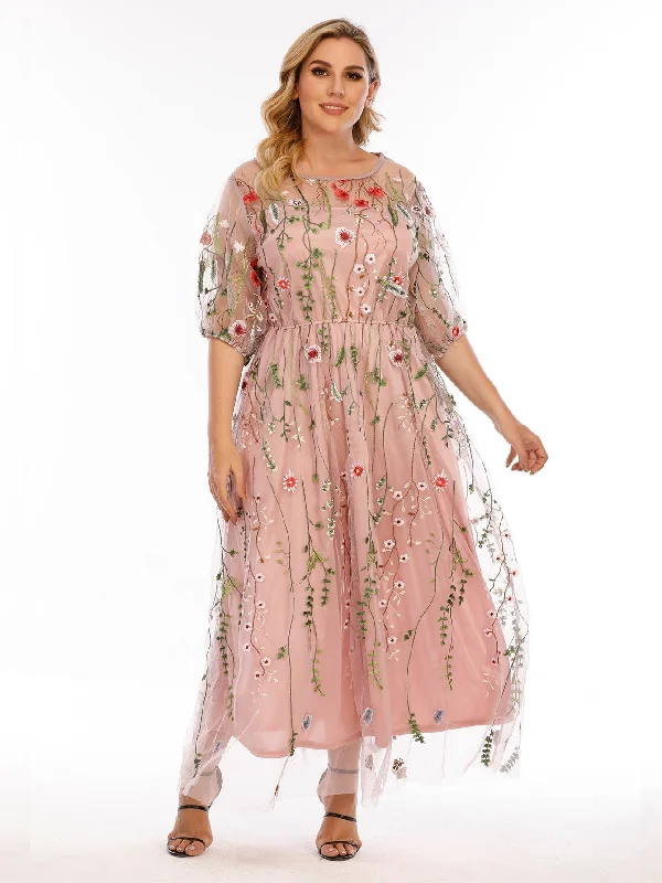 Trendy Street Style Clothing KittenAlarm - Plus Size Mesh Embroidery Party Dress