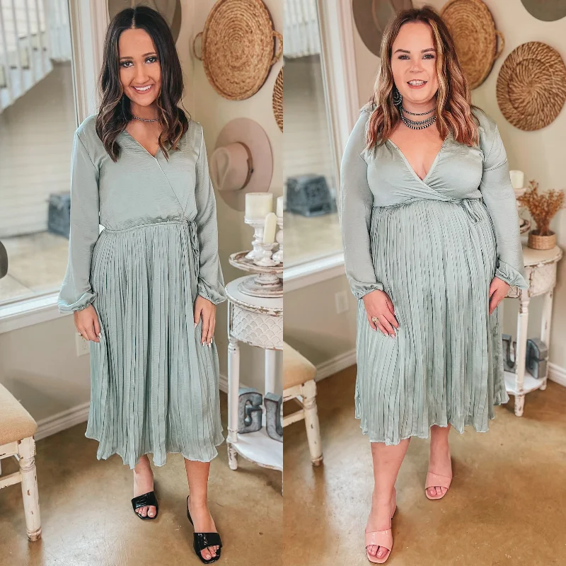 Best Sellers Last Chance Size Medium | Bakersfield Brunch Long Sleeve Midi Dress with Pleated Skirt in Sage Green | ONLY 1 LEFT!