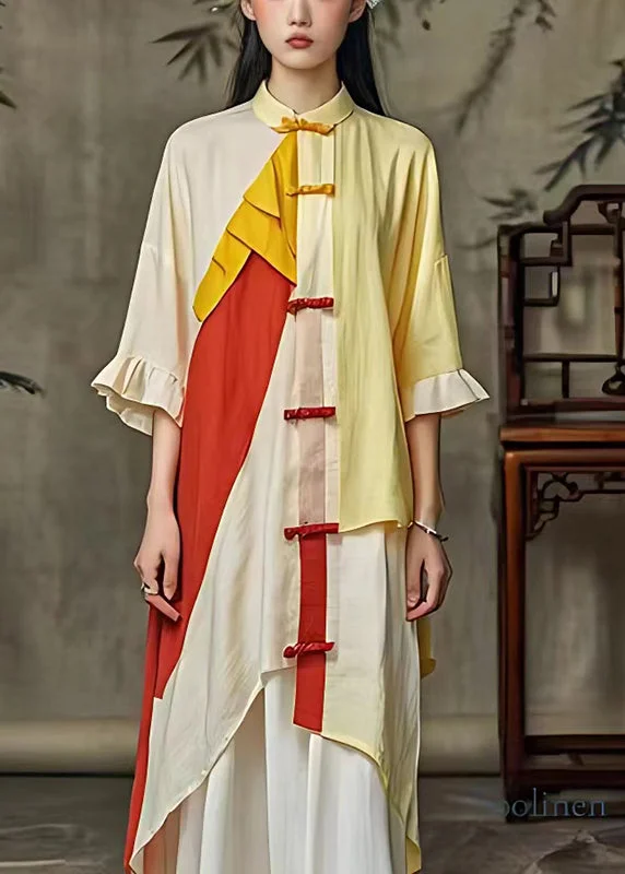 Casual Fashion for Women Chinese Style Light Yellow Asymmetrical Patchwork Linen Shirt Dress Summer