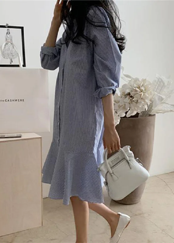 Trendy Pulse Women Blue Striped Peter Pan Collar Ruffles Cotton Shirt Dress Spring