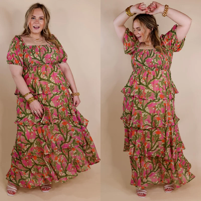 Hot Brand Discounts Fun Feeling Floral Tiered Maxi Dress with Smocked Balloon Sleeves in Green Mix