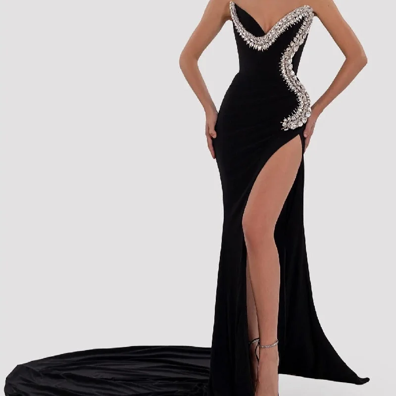 Online Boutique Clothing KittenAlarm - Pauline Strapless Crystal Embellishment Side Slit Maxi Dress