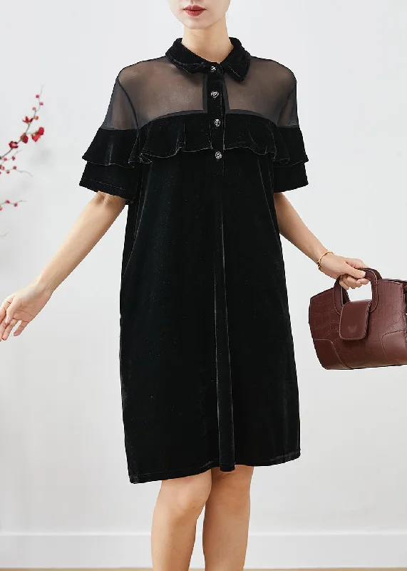 Minimalist Women's Fashion Clothing Classy Black Ruffles Patchwork Tulle Hollow Out Silk Velour Dress Fall