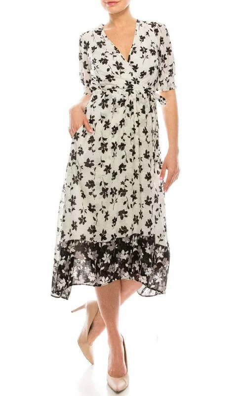 Versatile Women's Clothing for All Occasions Maison Tara - 95014M Floral Print V Neck Faux Wrap Dress