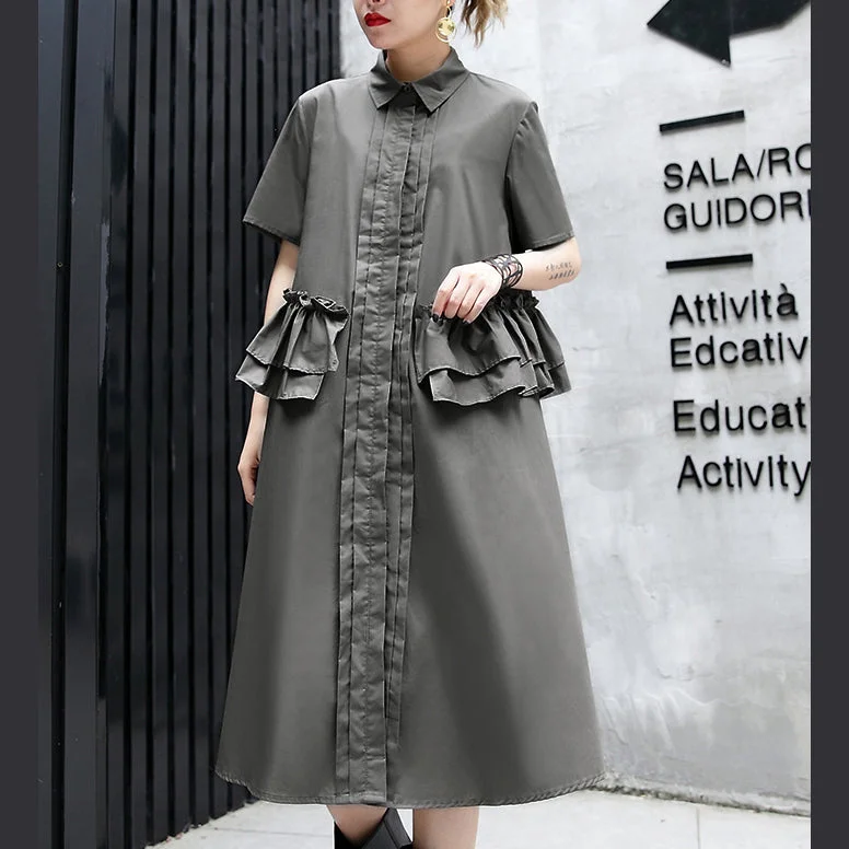 Unleash Your Trend Driven Style Elegant gray green cotton knee dress oversize traveling clothing 2018 lapel collar ruffles cotton clothing dresses