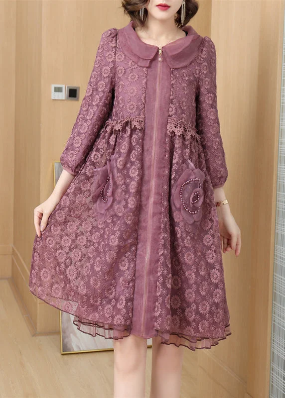 Wardrobe Essentials Italian Purple Peter Pan Collar Zip Up Patchwork Lace Dress Fall