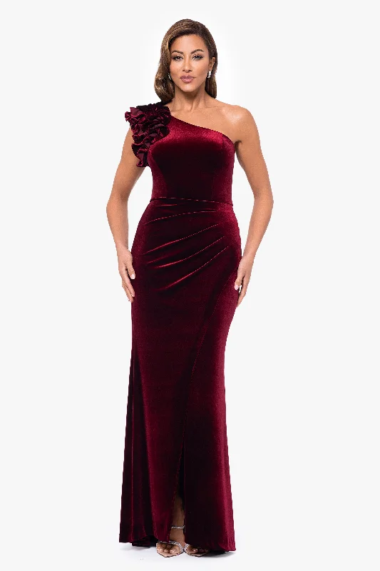 Unleash Your Trend Driven Style "Kristin" Long Velvet Ruffle One Shoulder Dress