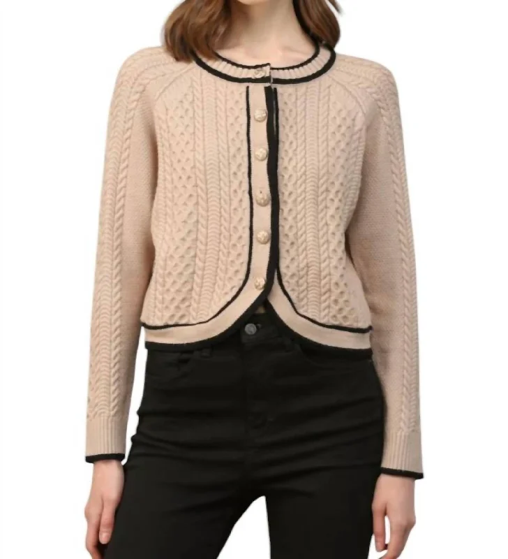 Clothing Brands Bailey Cable Knit Cardigan With Contrast Trim In Taupe/black