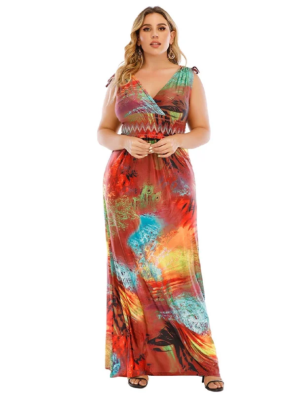 Trendy Fashion For Women KittenAlarm - Plus Size M-6XL Surplice Front Elastic Waist Multicolor Fantastic Maxi Dress