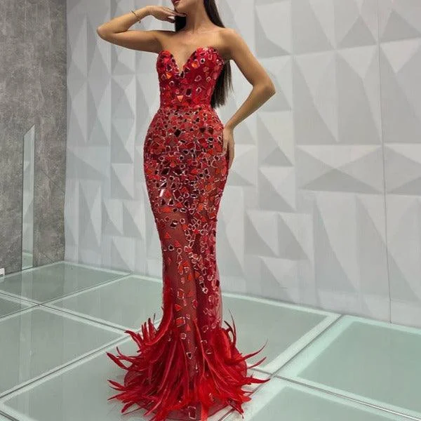 Massive Savings KittenAlarm - Kitt Strapless Feather Red Mirror Maxi Dress