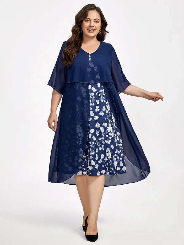 Flash Sale Online Plus Floral Patchwork Flutter Sleeve Round Neck 2 In 1 Midi Dress