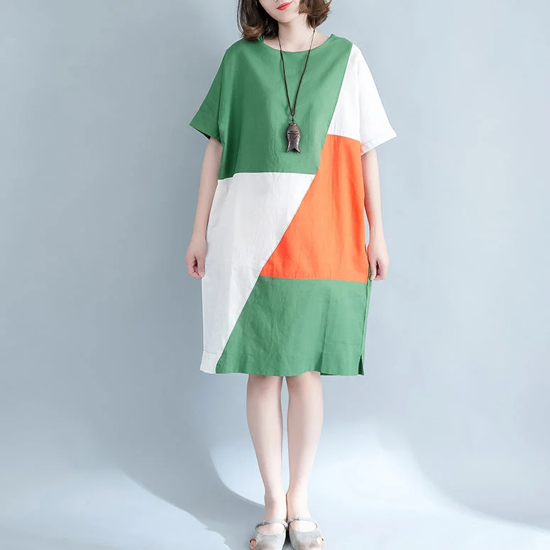 Chic Wardrobe Essentials fine green Midi linen dresses plus size clothing shirt dress Elegant o neck patchwork linen dresses