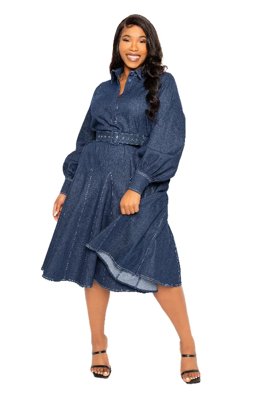 Fashion Women's Clothing Belt Denim Shirt Dress with Contrast Stitching