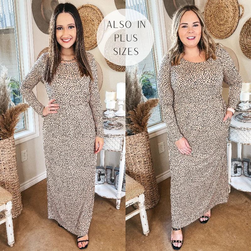 Women's Fashion Essentials Last Chance Size Small | Downtown Spotlight Long Sleeve Dotted Babydoll Maxi Dress in Beige