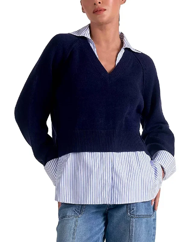 Clothes For Women Stevie Layered Sweater/striped Shirt Combo In Navy