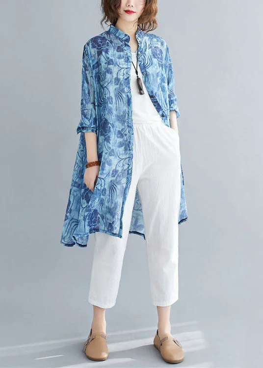 Current Trends Casual Blue Print Button Patchwork Linen Mid Shirts Dress Spring