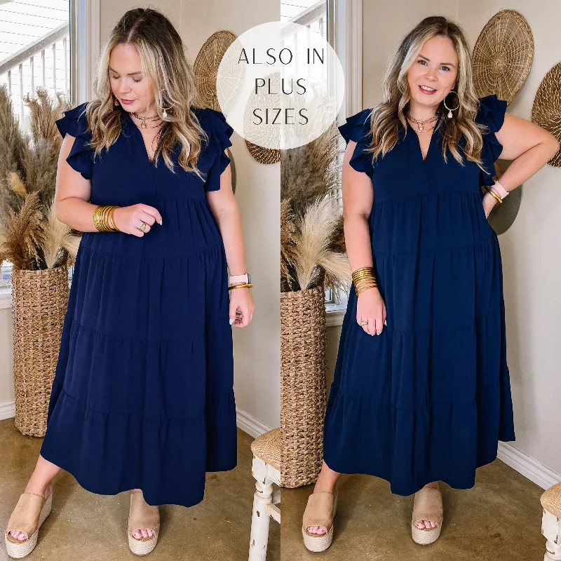 Chic And Comfortable All Of A Sudden Tiered Midi Dress with Ruffle Cap Sleeves in Navy Blue