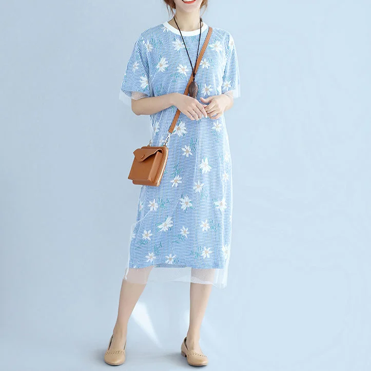 Day To Night Styles stylish blue striped cotton dresses oversized cotton clothing dress 2018 short sleeve prints cotton dress