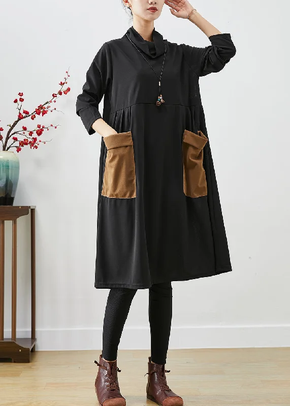 Affordable Online Boutiques Unique Black Turtle Neck Patchwork Pockets Cotton Dress Fall