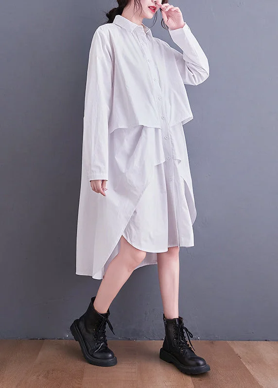 Versatile Wardrobe Essentials White Button Patchwork Cotton Shirts Dresses Asymmetrical Long Sleeve