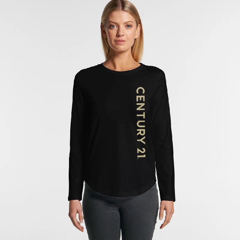 Women's Clothing Brands Wordmark Black Curved LS Tee - Ladies