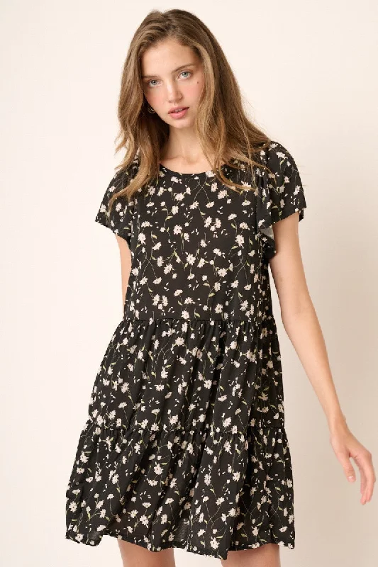 Stylish Women's Clothes for Work and Play Black Daisy Flower Print Ruffle Detail Mini Dress