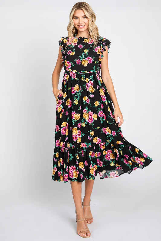 Women Clothing Black Floral Ruffle Shoulder Tiered Midi Dress