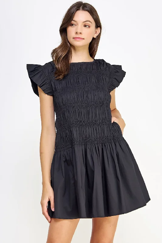 Women's Online Boutique Black Smocked Bodice Poplin Mini Dress