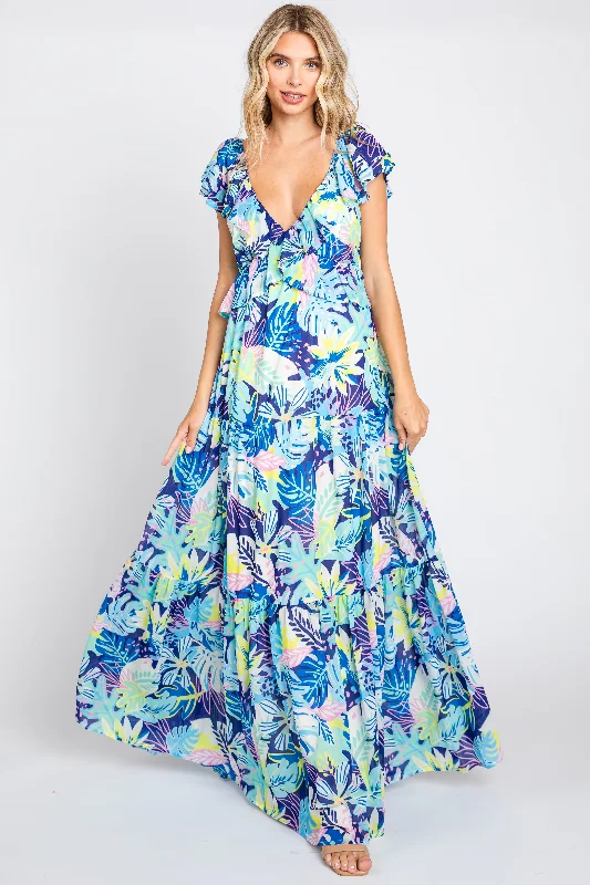 Flash Discount Blue Floral Ruffle Accent Maxi Dress