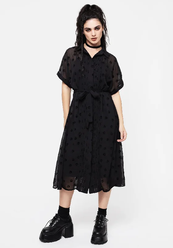 Elegant Women's Fashion Bones Flocked Pintuck Chiffon Midi Shirt Dress