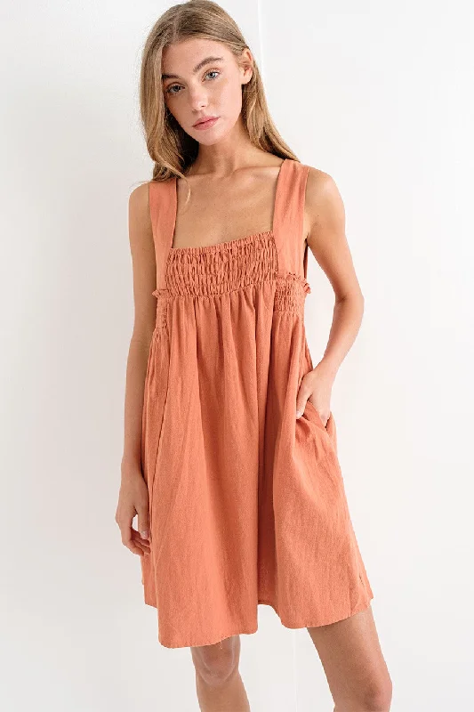 Fashionable Women's Wardrobe Burnt Orange Linen Flowy Dress