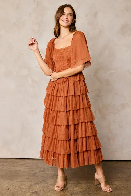 Clothes Women Camel Tulle Smocked Square Neck Tiered Midi Dress