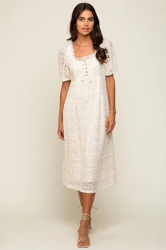 Relaxed Fashion Cream Lace Cutout Midi Dress