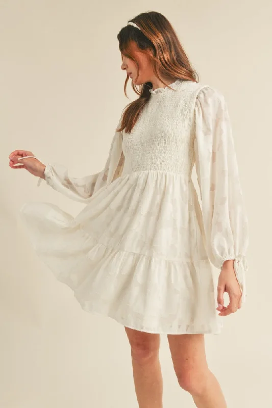 Outlet Clothing Cream Smocked Jacquard Burnout Mini Dress