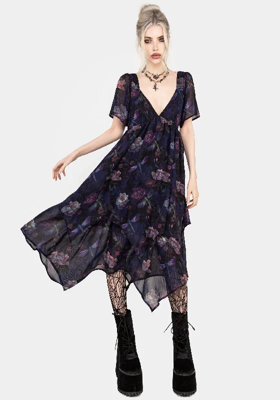 Women's Outerwear for All Weather Conditions Dragonfly Floral Print Chiffon Handkerchief Hem Dress