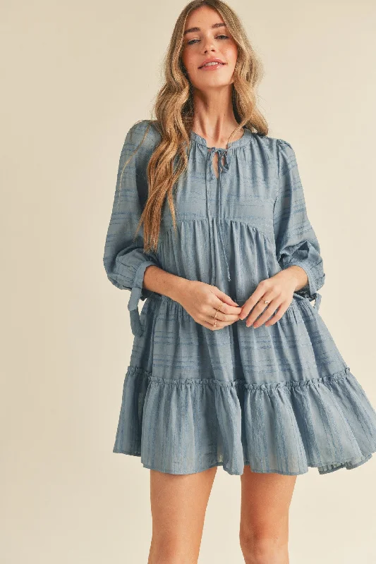 Fashionable Dresses for Women Dusty Denim Blue Tiered Long Sleeve Mini Dress