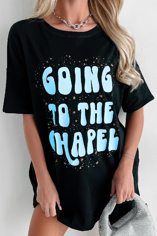 Casual Chic "Going To The Chapel" Oversized Metallic Graphic T-Shirt Dress (Black) - Print On Demand